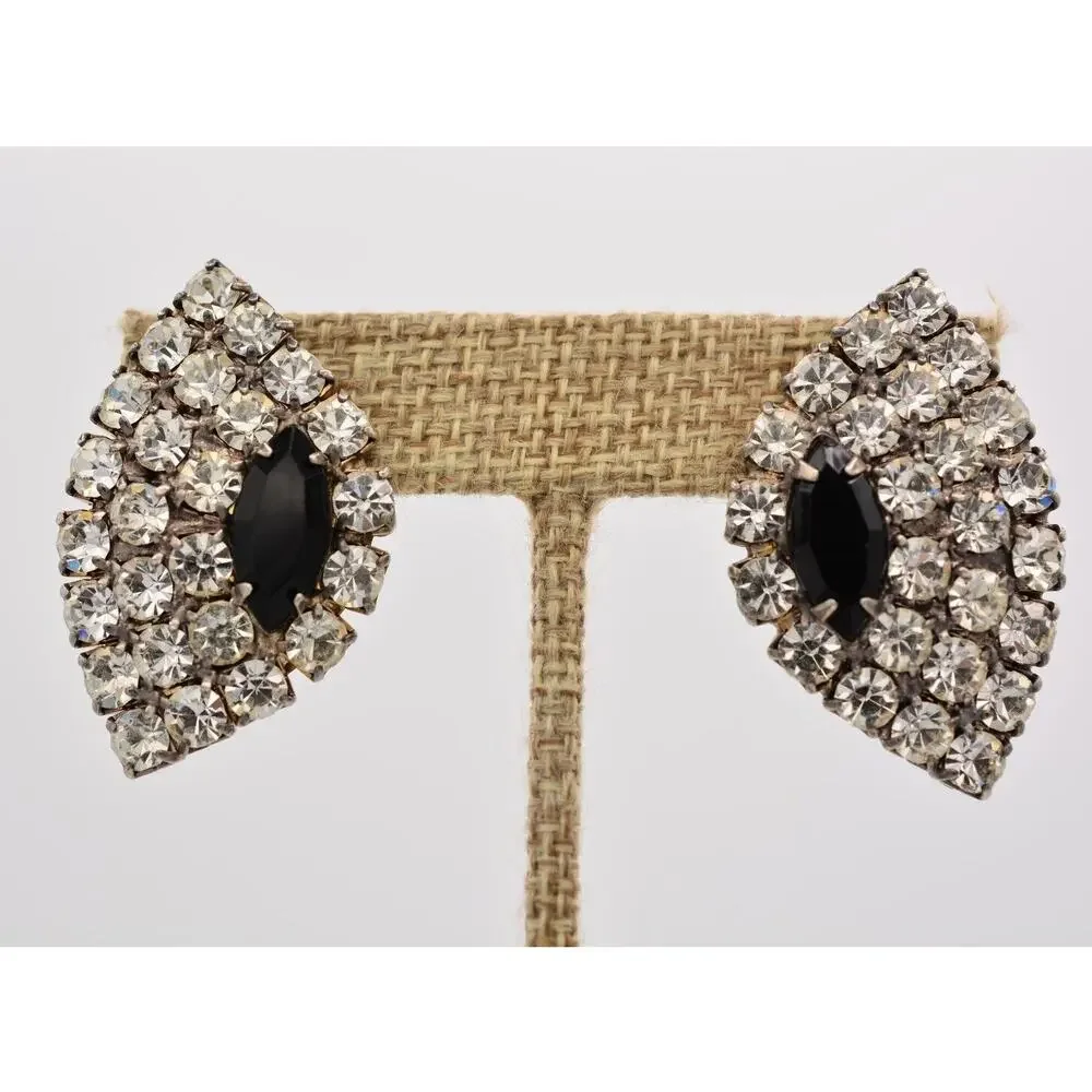 Vintage Crystal Earrings Black Marquise Prong Rhinestone Sparkling 1980s 9D